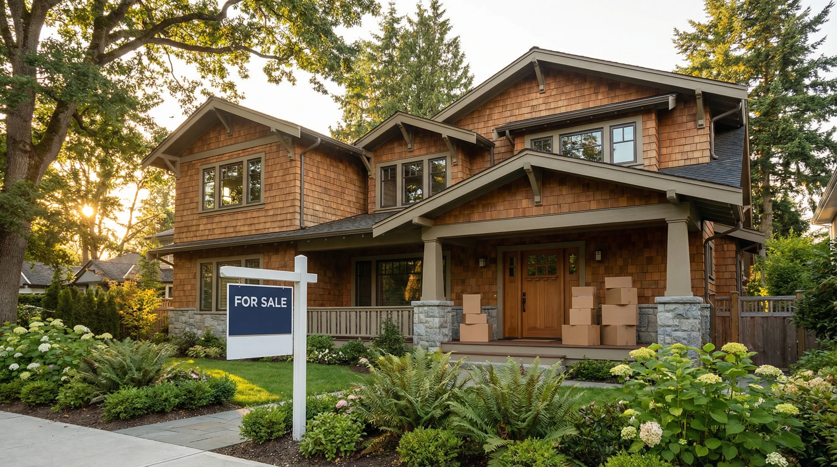 Vancouver craftsman home with FOR SALE sign and moving boxes on porch