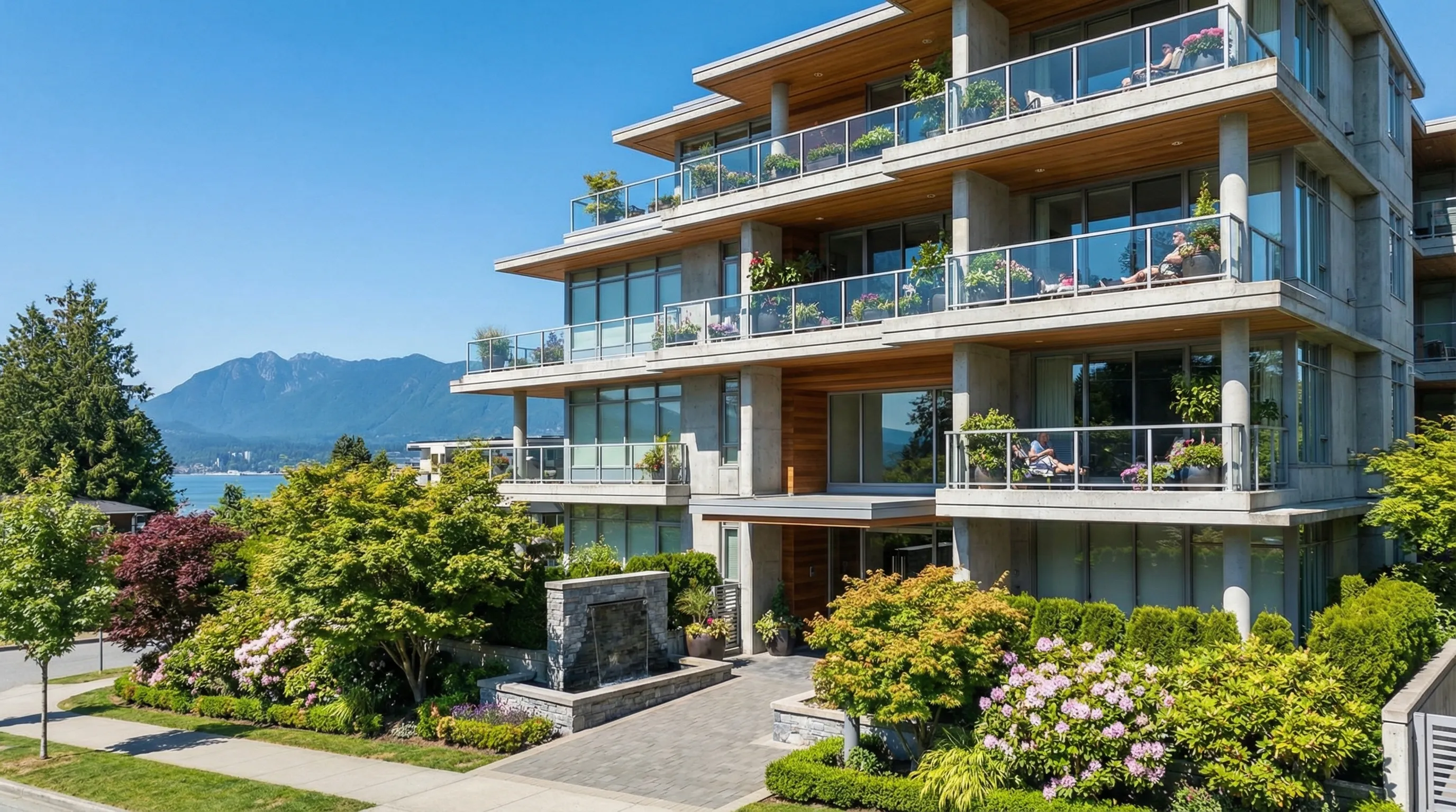 Well-maintained Vancouver strata condo building with balconies and landscaping