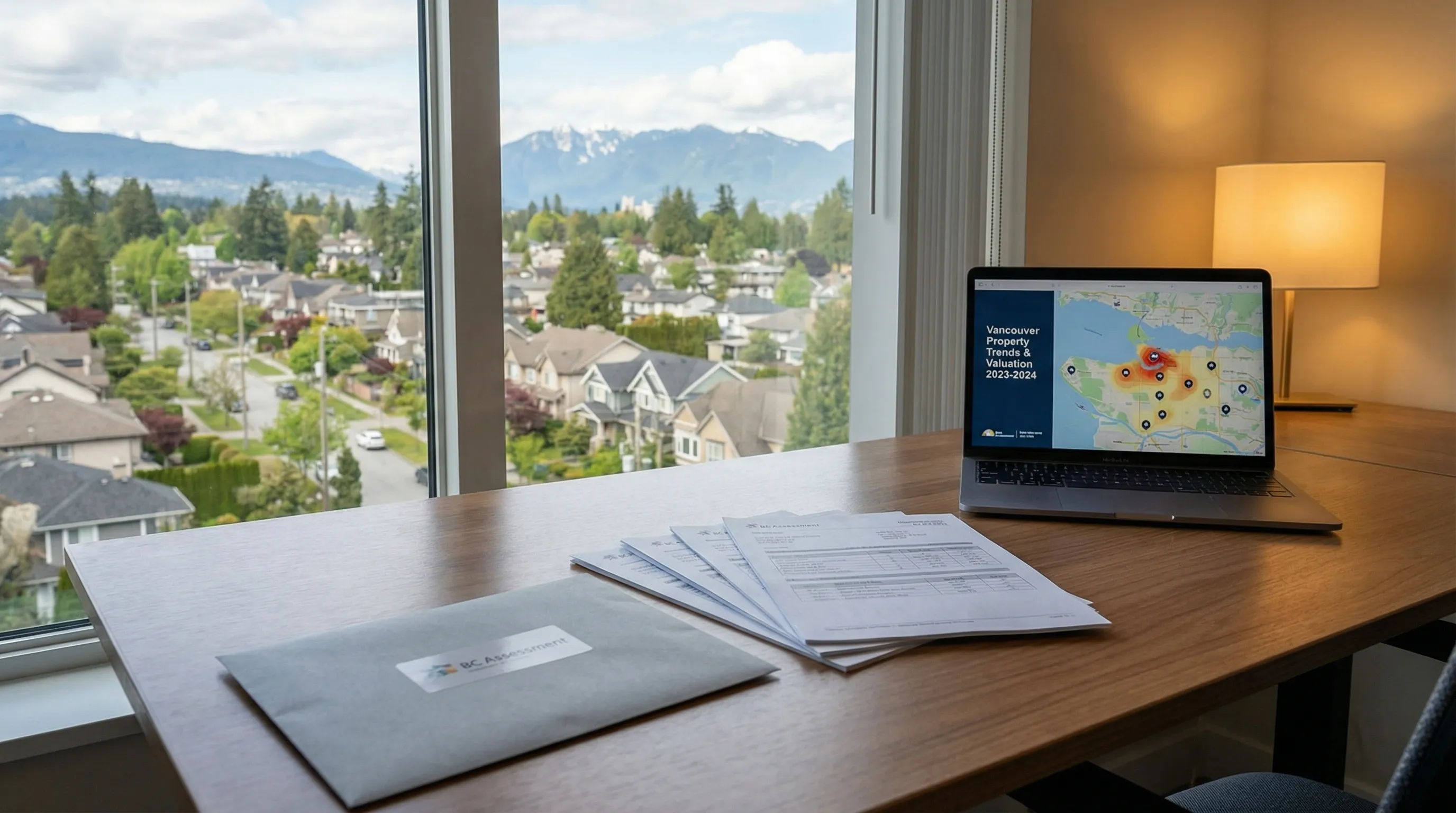 BC Assessment notice on desk with Vancouver property map showing R1-1 zoning overlay